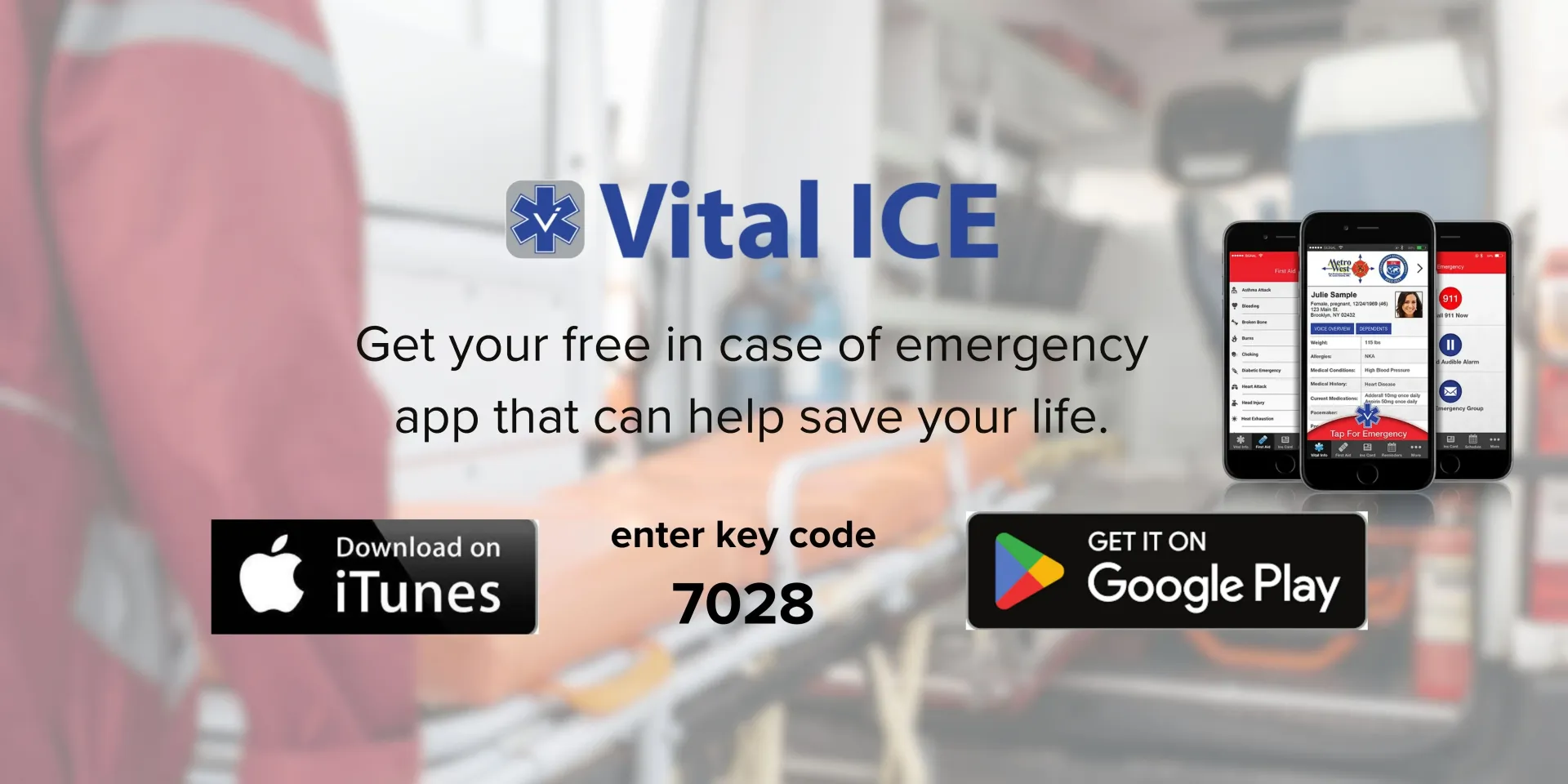 Vital ICE app promo with phone screens, App Store and Google Play badges, and emergency contact text on a pink background