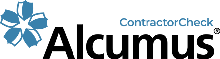 Logo d'Alcumus ContractorCheck présentant un motif floral bleu et le nom de l'entreprise.