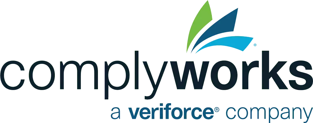 Logo de Complyworks avec un motif de feuille stylisé vert et bleu au-dessus du texte et « une société Veriforce » en dessous.