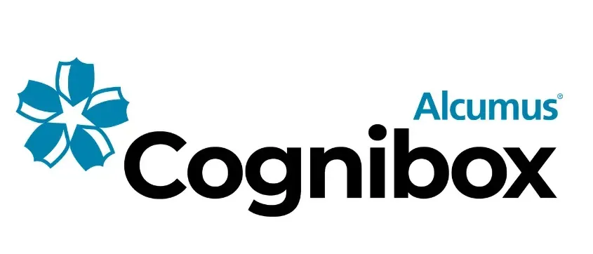 Logo de Cognibox par Alcumus, représentant une fleur bleue et du texte noir.