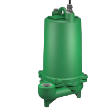 Pompe submersible verte avec corps cylindrique et sortie inclinée.