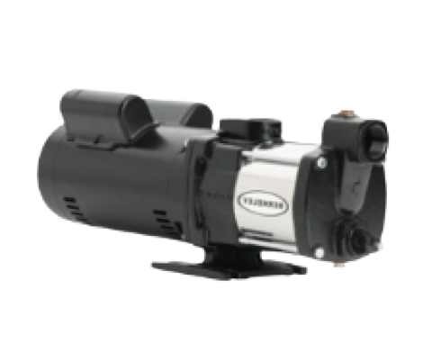 Pompe à eau noire et argentée avec moteur, sur fond blanc.