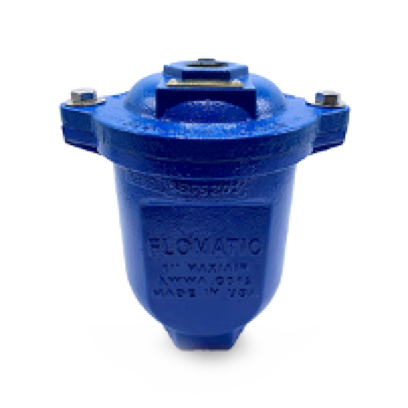 Valve d'air en métal bleu avec boulons ; logo « FLOVATIC » visible.
