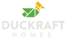 Duckraft Homes logo with green and yellow geometric bird icon above gray text