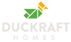 Duckraft Homes logo with green and yellow geometric bird icon above gray text