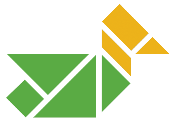 Abstract green and yellow geometric bird logo on a white background