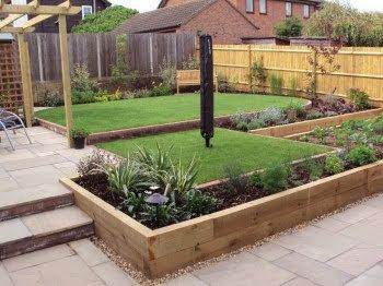 Well-landscaped garden with tiered beds, grass, and a clothesline.