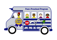 Illustrated blue preschool bus with children in windows, “Pam’s Preschool Program” text, and a stop sign.