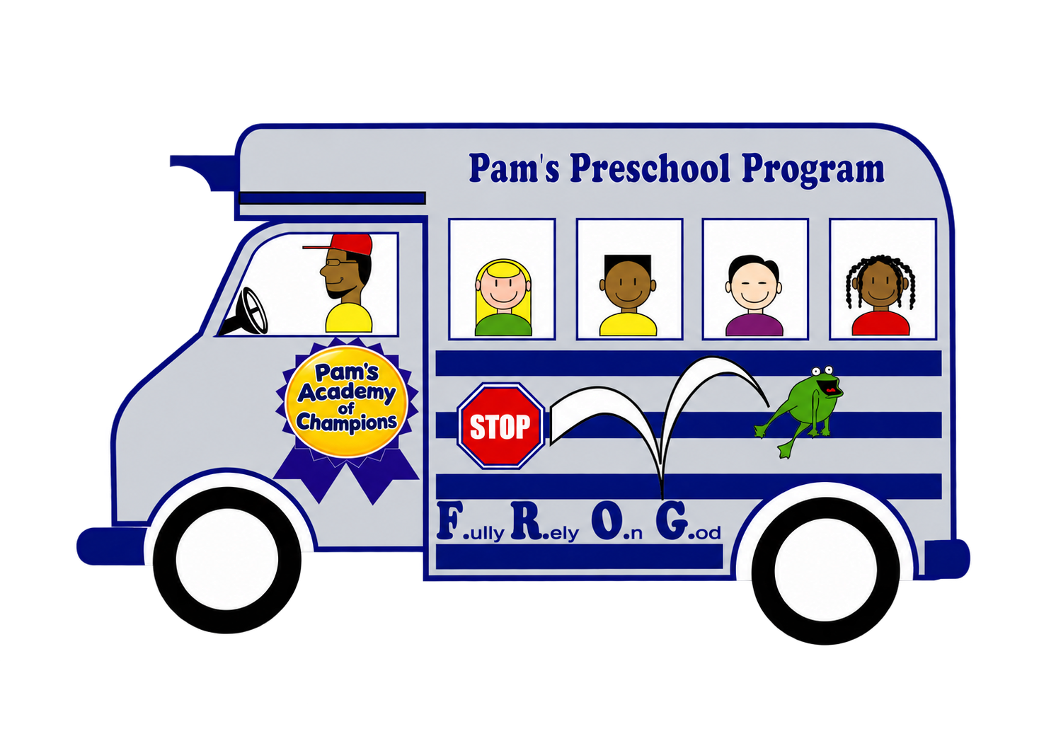 Illustrated blue preschool bus with children in windows, “Pam’s Preschool Program” text, and a stop sign.
