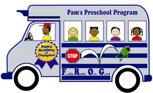 White preschool bus labeled “Pam’s Preschool Program” with cartoon children in the windows.