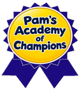 Pam’s Academy of Champions logo on a yellow starburst and purple ribbon badge
