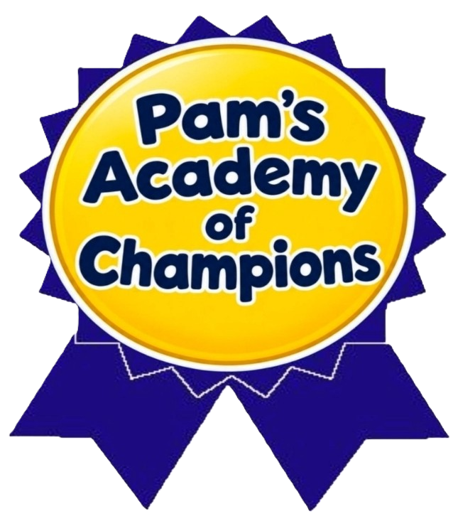Pam’s Academy of Champions logo on a yellow starburst and purple ribbon badge