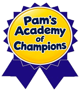 Pam’s Academy of Champions logo on a yellow starburst and purple ribbon badge