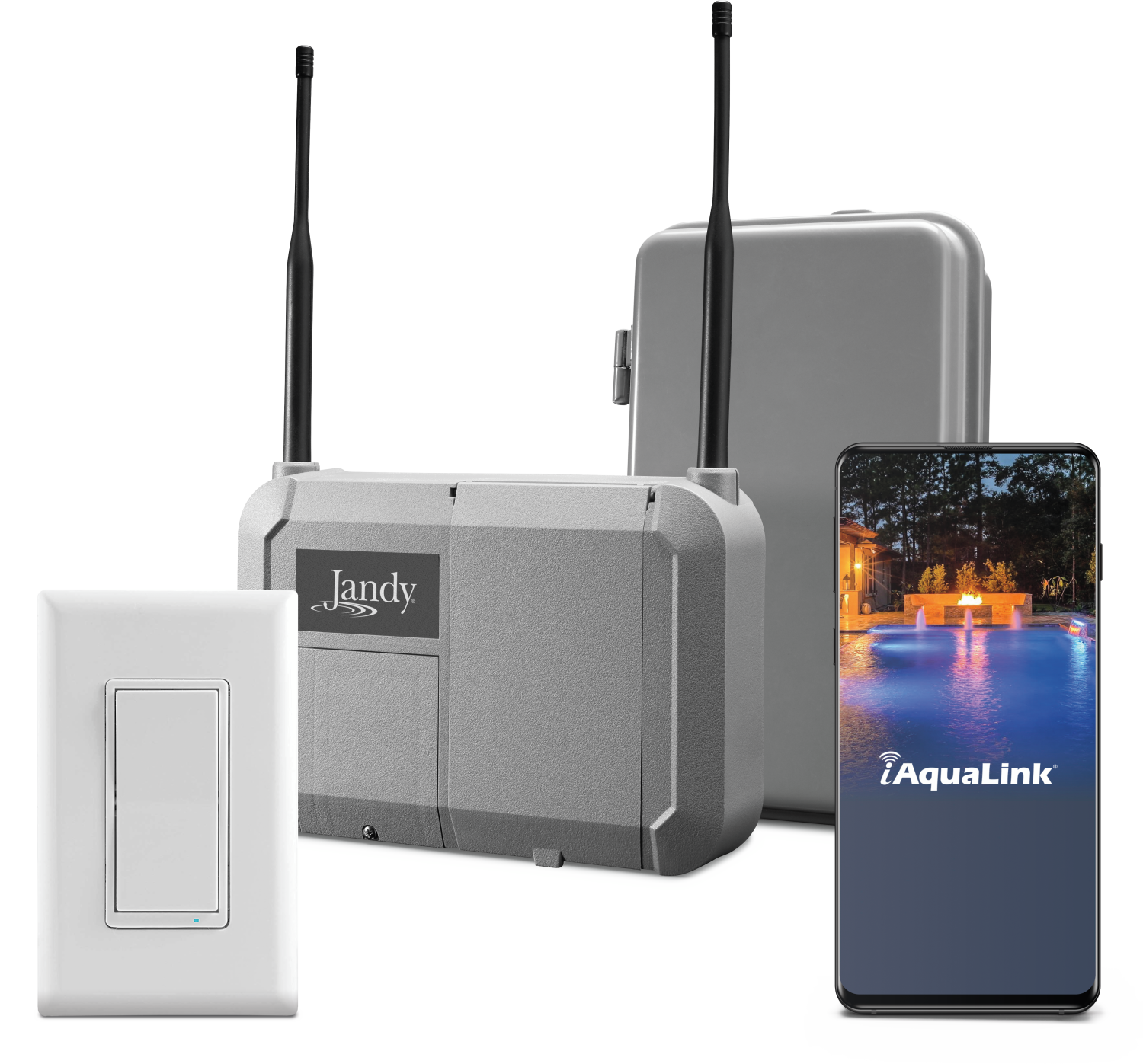 Lutron smart home devices: a wall switch, two hub units, and a phone displaying the app.