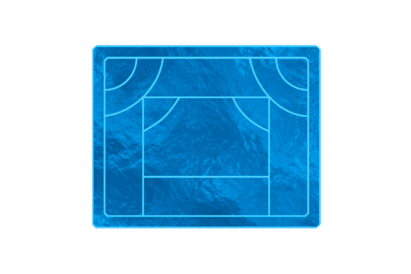 Blue schematic diagram with white court lines and curved corners, resembling a sports court layout