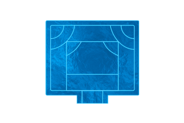Blue basketball court diagram viewed from above, showing half-court and key lines