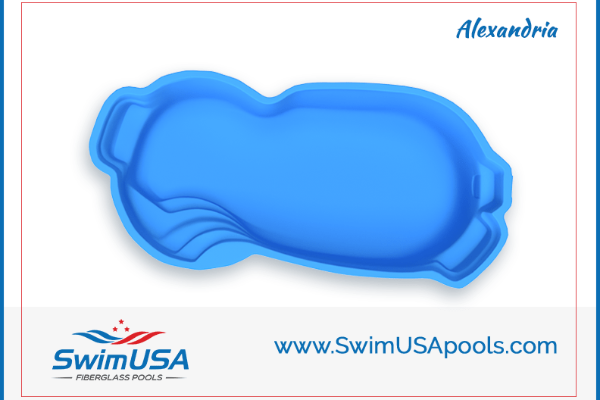 Blue swimming pool with curved steps, labeled “Alexandria,” with SwimUSA logo and website.