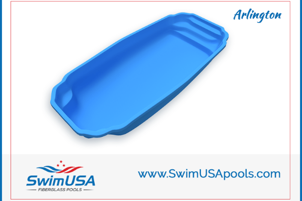Blue Arlington pool liner shown with SwimUSA branding and website URL.
