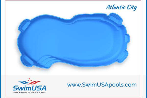 Blue swimming pool design labeled “Atlantic City” with SwimUSA Pools logo and website text