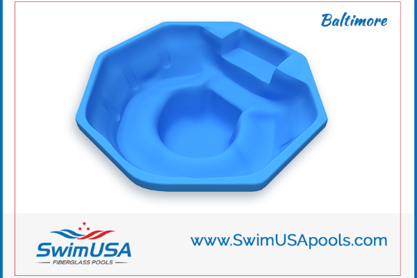 Blue octagonal plastic pool with molded seats, labeled Baltimore, SwimUSA logo and website