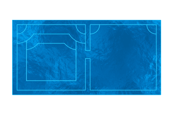 Blue rectangular floor plan with outlined room sections and a central doorway opening