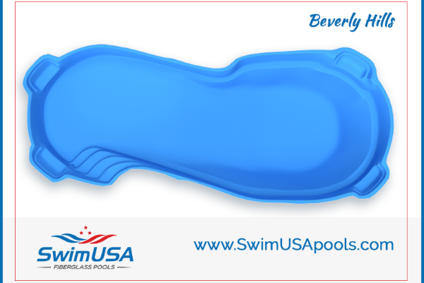 Blue Beverly Hills swimming pool design with SwimUSA Pools logo and website