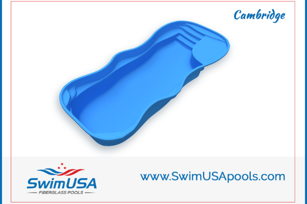 Blue Cambridge swimming pool liner on white background with SwimUSA logo and website text