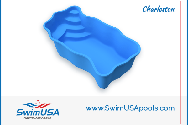 Blue Charleston swimming pool with built-in steps, SwimUSA logo and website text