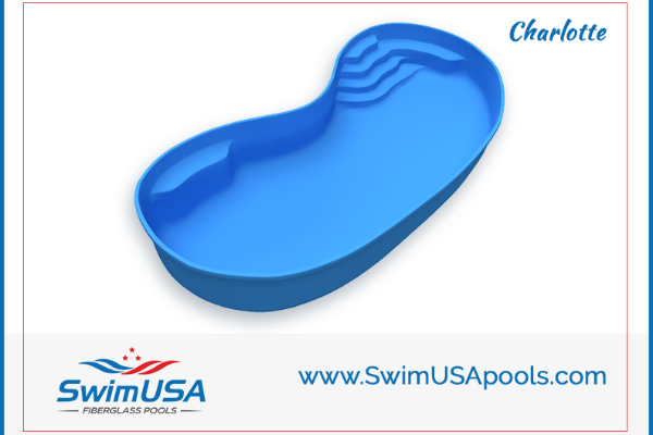 Blue kidney-shaped above-ground pool labeled “Charlotte” with SwimUSA branding and website.