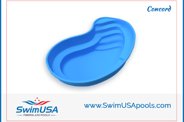 Blue Concord pool with built-in step seats, SwimUSA logo and website on white background