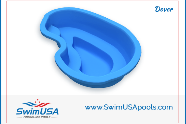 Blue in-ground swimming pool with built-in steps, labeled Dover, on a SwimUSA promotional background