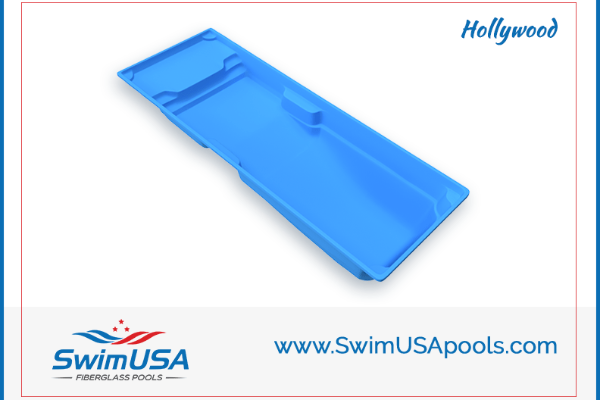 Blue floating pool cover with SwimUSA and Hollywood branding on a white background