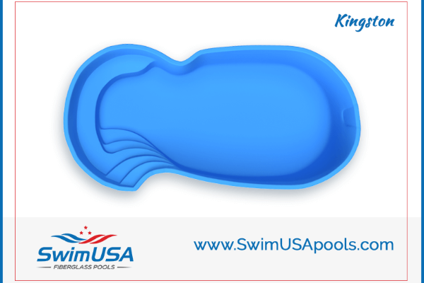 Blue kidney-shaped Kingston pool with SwimUSA Pools logo and website on a white background