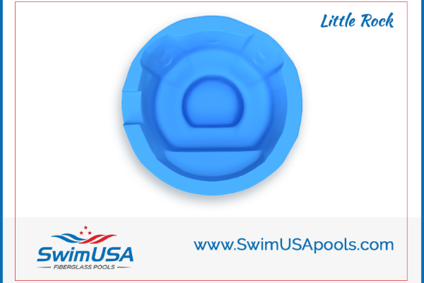 Blue circular pool float labeled “Little Rock” with SwimUSA Pools logo and website on white background
