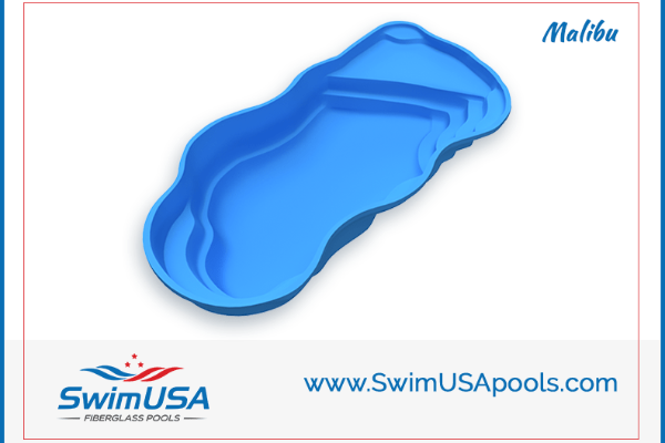 Blue Malibu swimming pool with SwimUSA branding and website URL
