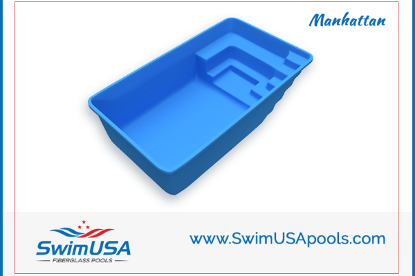Blue Manhattan pool spa with steps and SwimUSA Pools branding
