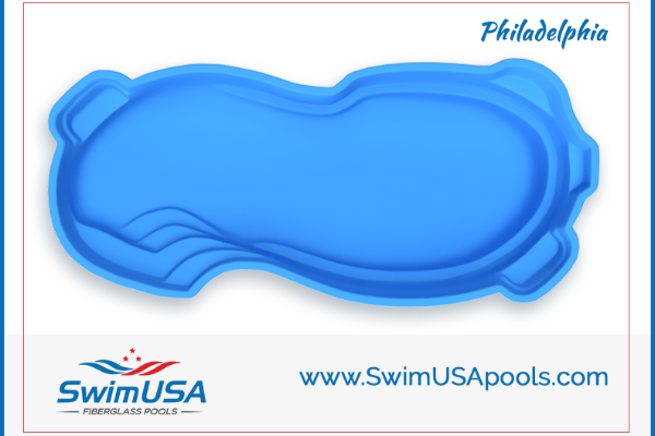 Blue kidney-shaped above-ground pool with SwimUSA branding and “Philadelphia” text