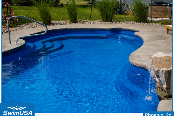 Blue backyard swimming pool with curved stone deck and metal handrail, bordered by green landscaping