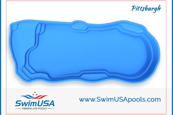 Blue in-ground swimming pool design with SwimUSA logo and website text
