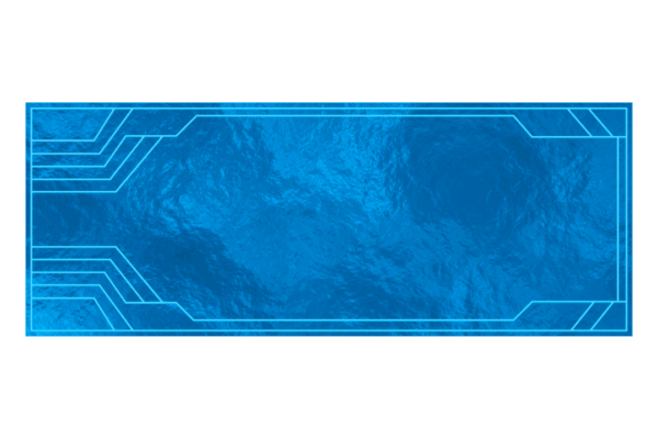 Blue futuristic tech banner with circuit-like border and textured center on a white background