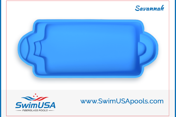 Blue rectangular pool float with rounded ends on a white background, labeled Savannah and SwimUSA Pools.