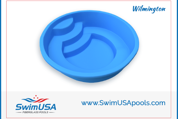 Blue round in-ground swimming pool liner with SwimUSA Pools branding and Wilmington label
