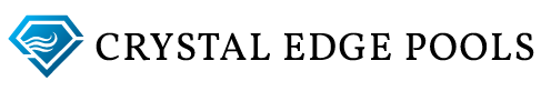 Crystal Edge Pools logo with blue geometric icon and black text on a white background
