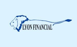 Blue Lyon Financial logo with a lion outline and stylized tail on a light blue background