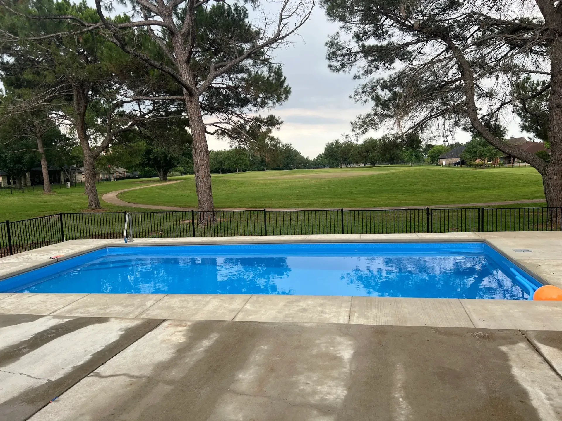 Backyard pool with blue water, concrete patio, and grassy yard with trees in the background