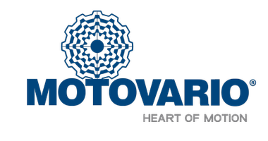 Logo Motovario: ingranaggio blu sopra il testo blu,