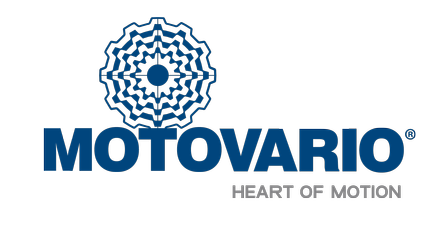 Logo Motovario: ingranaggio blu sopra il testo blu,