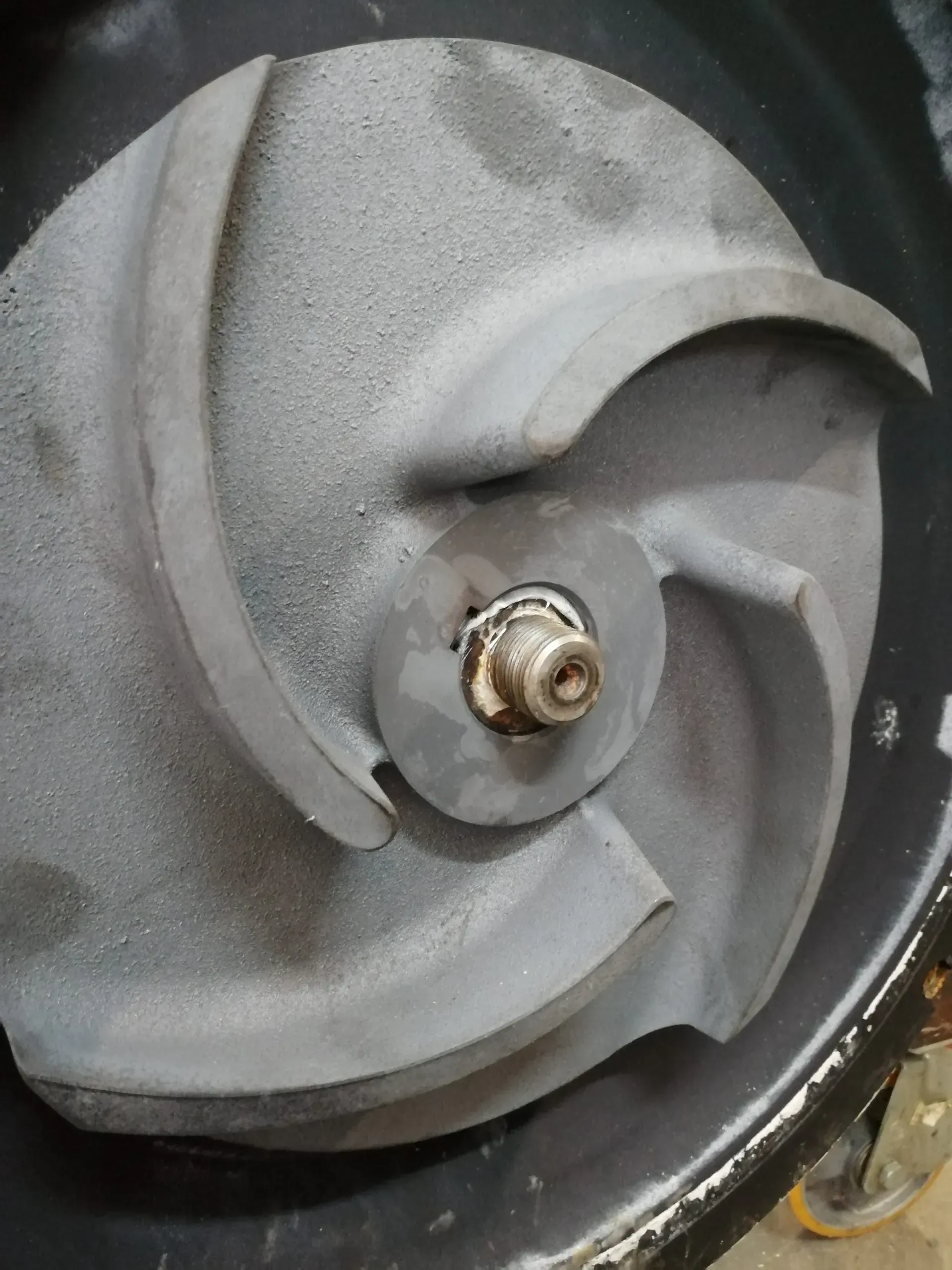Una girante in metallo fuso grigio con pale curve, alloggiata in un contenitore nero.