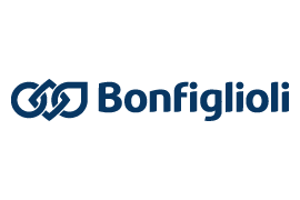 Logo Bonfiglioli: ingranaggi blu scuro intrecciati e una foglia stilizzata accanto alla scritta