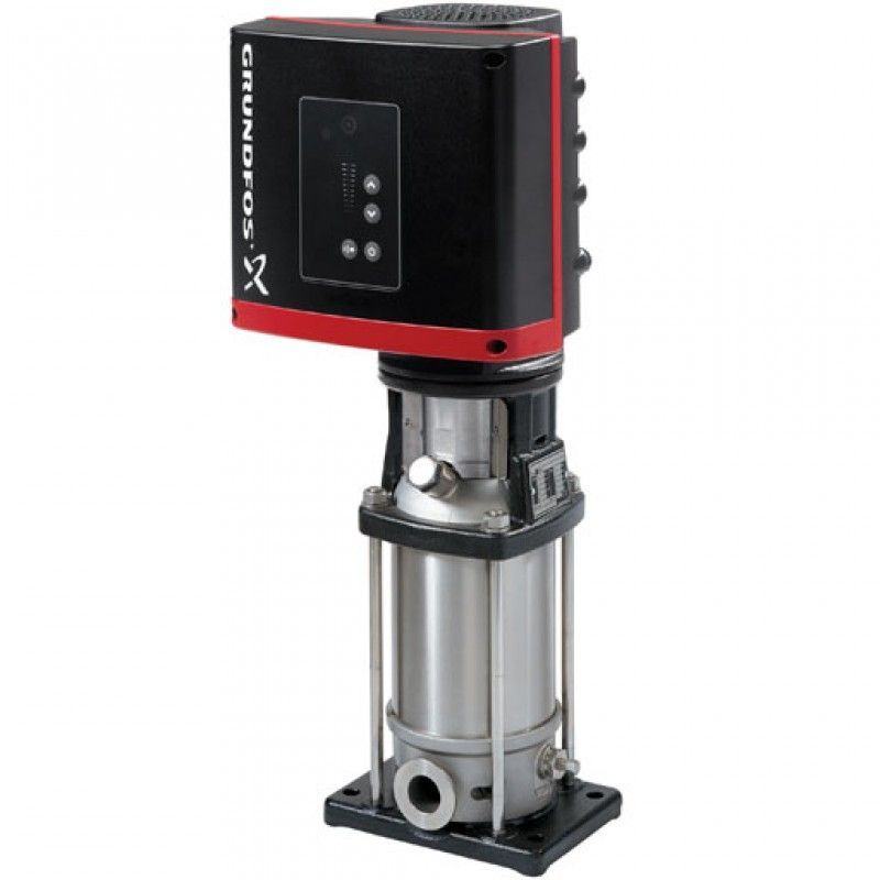 Pompa Grundfos: verticale, in acciaio inox, scatola di controllo nera con dettagli rossi.